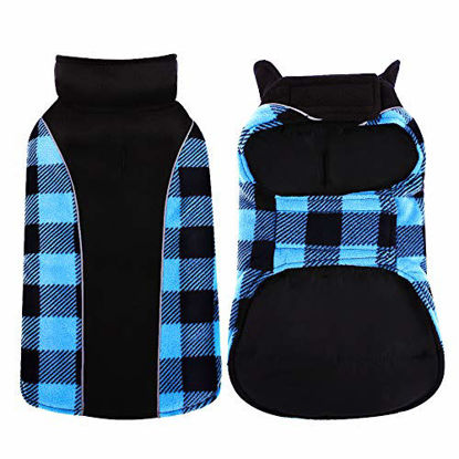 Picture of Kuoser Reversible Dog Cold Weather Coat, Reflective Waterproof Winter Pet Jacket, British Style Plaid Dog Coat Warm Cotton Lined Vest Windproof Outdoor Apparel for Small Medium and Large Dogs Blue L