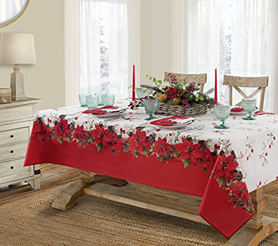 Picture of Newbridge Blooming Poinsettias Double Bordered Christmas Fabric Tablecloth, Traditional Red and White Poinsettia Print Easy Care, Stain Release Tablecloth, 52 Inch x 70 Inch Oblong/Rectangle