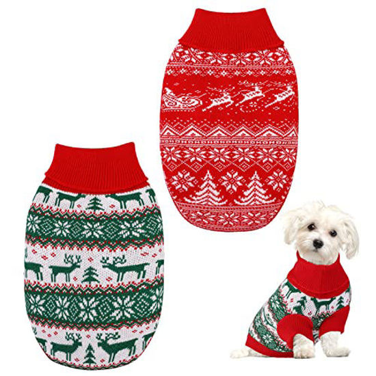 Picture of Pedgot 2 Pack Christmas Pet Sweaters Xmas Dog Holiday Sweaters Funny Pet Costume Christmas Pet Warm Clothes Reindeer, Christmas Tree, Snowflake Knitwear for Cats or Dogs (Large)