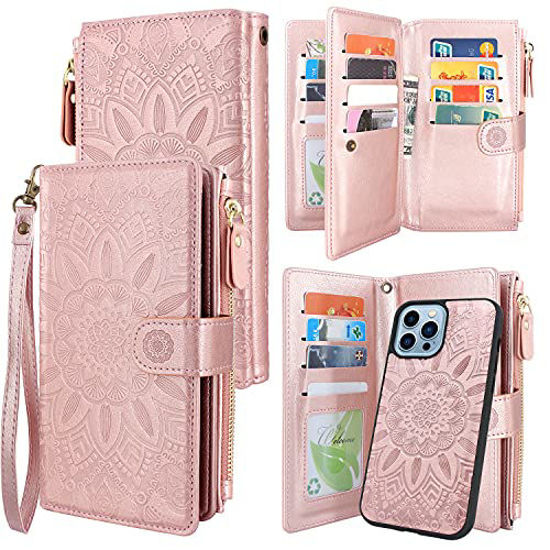 Picture of Harryshell Compatible with iPhone 13 Pro Max 6.7 inch 5G 2021 Wallet Case Detachable Magnetic Cover Zipper Cash Pocket Multi Card Slots Holder Wrist Strap Lanyard Floral Flower (Rose Gold)