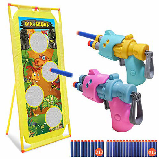 Picture of MeimoS Dinosaur Shooting Game Toy Set, 2pack Hand Guns Toy and Standing Shooting Target, 2-Player Toy Blaster Guns for Kids with 20 Foam Darts Compatible with Nerf Toy Guns