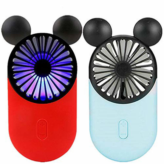 Picture of Kbinter Cute Personal Mini Fan, Handheld & Portable USB Rechargeable Fan with Beautiful LED Light, 3 Adjustable Speeds, Portable Holder, for Indoor Outdoor Activities, Cute Mouse 2 Pack (Red+Blue)