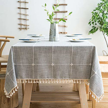 Picture of Oubonun Rustic Lattice Tablecloth Cotton Linen Grey Rectangle Table Cloths for Kitchen Dining, Party, Holiday, Christmas, Buffet, 55"x102"