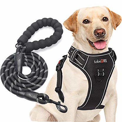 Picture of tobeDRI No Pull Dog Harness Adjustable Reflective Oxford Easy Control Medium Large Dog Harness with A Free Heavy Duty 5ft Dog Leash (L (Neck: 18"-25.5", Chest: 24.5"-33"), Black Harness+Leash)