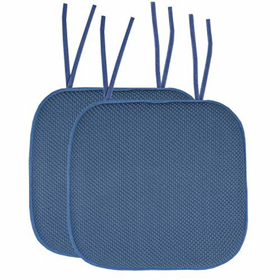 Picture of Sweet Home Collection Chair Cushion Memory Foam Pads with Ties Honeycomb Pattern Slip Non Skid Rubber Back Rounded Square 16" x 16" Seat Cover, 2 Count (Pack of 1), Blue