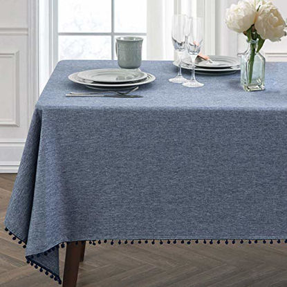 Picture of JUCFHY Pompom Tassel Rectangle Table Cloth,Linen Farmhouse Tablecloth Heavy Duty Fabric,Stain-Proof Water Resistant Washable Table Cloths,Oblong Table Cover for Kitchen,Holiday(60x120 Inch,Navy Blue)