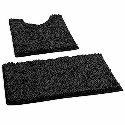 Picture of Bathroom Rugs by LuxUrux, Luxury Chenille 2-Piece Bath Mat Set, Soft Plush Bath Rug + U Shaped Toilet Mat.1'' Microfiber Shaggy Carpet, Super Absorbent Bath Mats. (Small, Black)