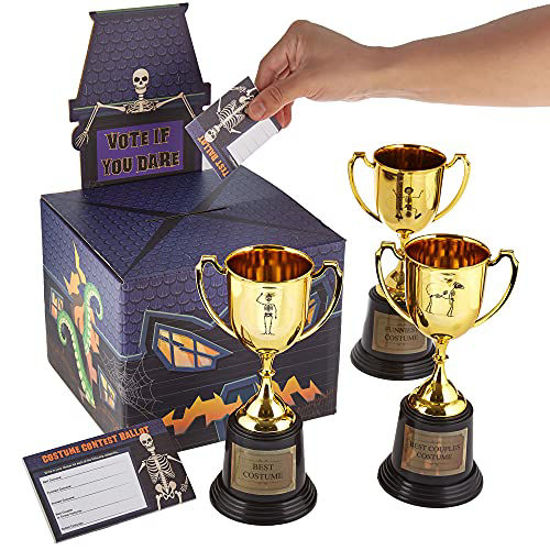 Picture of Halloween Costume Contest Ballot Box, 50 Voting Cards, & 3 Large Trophies with Customizable Labels - 8.6" x 4.5" Awards & 12 Stickers - Fun for Home, Work, & Bar - Party Supplies, Games, & Favors