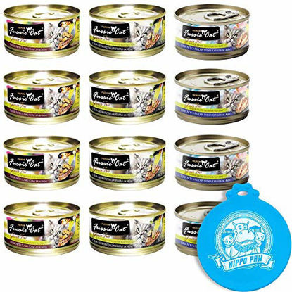 Picture of Fussie Cat Premium Can Wet Food Variety 12 Pack (4) Tuna with Clams, (4) Tuna with Mussels, (4) Tuna with Threadfin Bream 2.82 oz Cans with Hippo Paw Silicone Universal Can Cover Assorted Color/Design