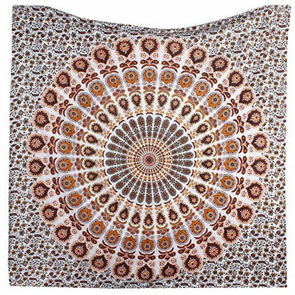 Picture of Indian hippie Bohemian Psychedelic Golden Blue Peacock Mandala Wall hanging Bedding Tapestry (Orange Brown, King (88x104Inches)(225x265Cms))