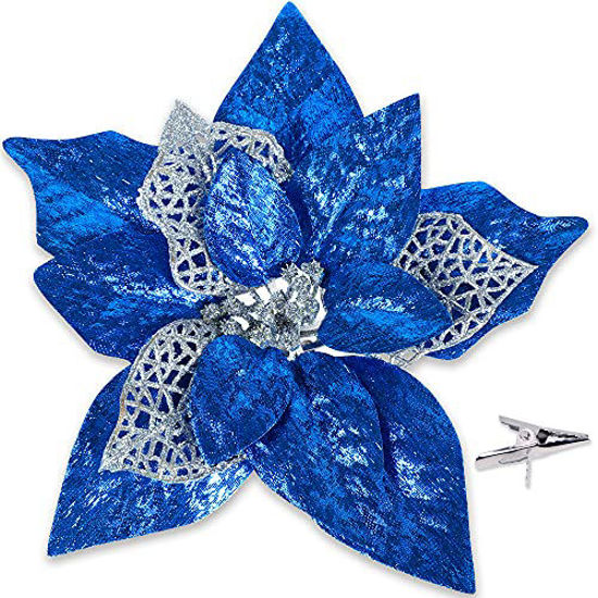 Picture of 15 PCS Christmas Glitter Artificial Poinsettia Flowers Artificial Wedding Flowers Decorations Xmas Tree Ornaments with Clips (Blue)