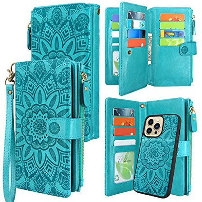 Picture of Harryshell Compatible with iPhone 13 Pro 6.1 inch 5G 2021 Wallet Case Detachable Magnetic Cover Zipper Cash Pocket Multi Card Slots Holder Wrist Strap Lanyard Floral Flower (Blue Green)