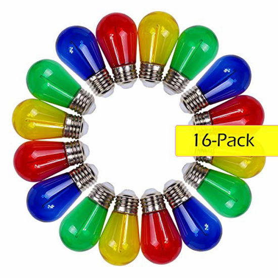 Picture of JSLINTER Colored String LED Light Bulbs - 1 watt Plastic Outdoor Indoor S14 Bulbs for Christmas String Light Replacement - Shatterproof - E26 Base - 16Pack - Red/Blue/Yellow/Green