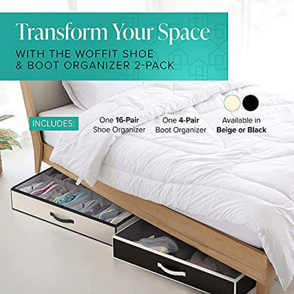 Picture of Woffit Under Bed Shoe Storage Organizer - Fits 16 Pairs of Shoes & 4 Pairs of Boots in Sturdy Box w/ Strong Zipper & Handles - Underbed Organizers for Kids & Adults