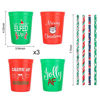 Picture of Christmas Plastic Party Cups - Set of 12 Red and Green 16oz Stadium Cups and 25 Paper Disposable Drinking Straws, 4 Festive Drinking Pun Designs, Perfect for Christmas Party Supplies