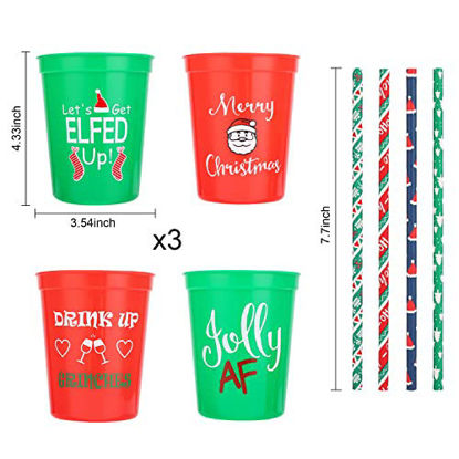 Picture of Christmas Plastic Party Cups - Set of 12 Red and Green 16oz Stadium Cups and 25 Paper Disposable Drinking Straws, 4 Festive Drinking Pun Designs, Perfect for Christmas Party Supplies