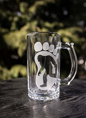 Picture of Bigfoot Sasquatch Yeti 16 oz. Glass Beer Mug Handmade Deep Carved Engraving Bigfoot print with Bigfoot inside Etched Engraved Sports Mug Unique Bigfoot Gift. Free Shipping!!