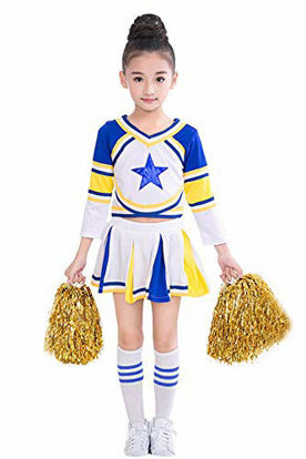 Picture of Cheerleader Costume for Girls Cheerleading Uniform Dress Outfit with Stockings 2 Pom Poms (160 / 11-12years, Blue)