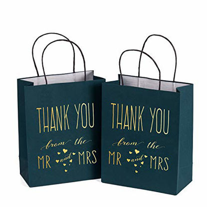 Picture of LaRibbons Medium Size Gift Bags - Gold Foil"Mr. and Mrs. Thank You" Navy Paper Bags with Handles for Wedding, Birthday, Baby Shower, Party Favors - 25 Pack - 8" x 4" x 10"