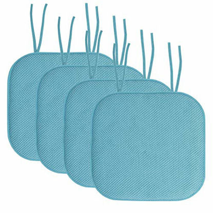 Picture of Sweet Home Collection Chair Cushion Memory Foam Pads with Ties Honeycomb Pattern Slip Non Skid Rubber Back Rounded Square 16" x 16" Seat Cover, 4 Count (Pack of 1), Teal