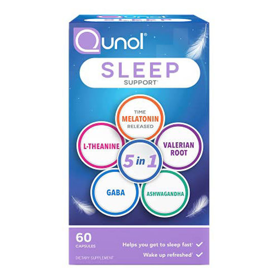 Picture of Qunol Sleep Support, 5-in-1 Sleep Aid, with time-released Melatonin, Ashwagandha, GABA, Valerian Root, L-Theanine, capsules, 60 ct