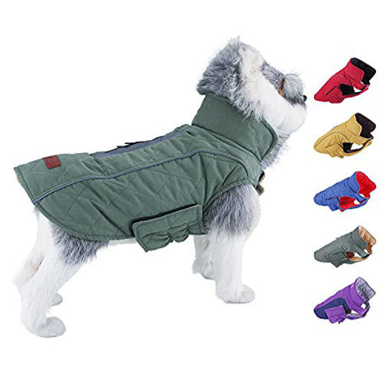 Picture of ThinkPet Dog Cold Weather Coats - Cozy Waterproof Windproof Reversible Winter Dog Jacket, Thick Padded Warm Coat Reflective Vest Clothes for Puppy Small Medium Large Dogs M Green