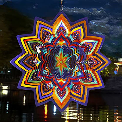 Picture of FONMY Mandala Wind Spinner Lucky Star Worth Gift Indoor Outdoor Garden Decoration Crafts Ornaments 12 inch Multi Color Stainless Steel Wind Spinners