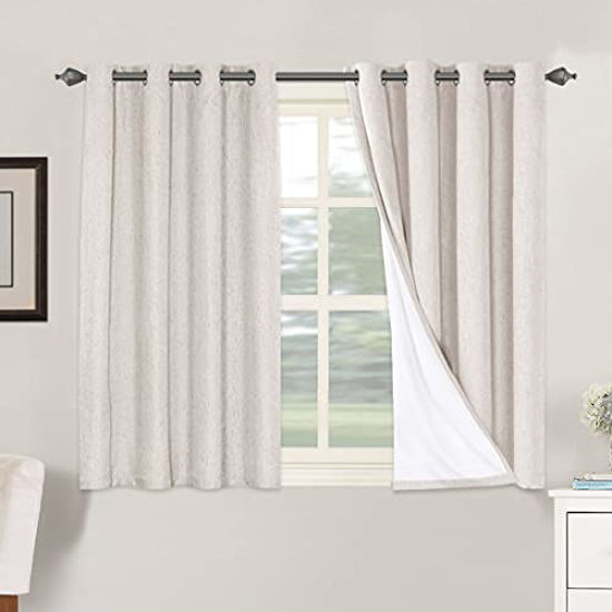 Picture of Primitive Linen Curtains 100% Blackout Curtain Drapes Burlap Fabric Curtains with White Thermal Insulated Liner, Grommet Top Curtains Living Room/Bedroom (2 Panels, 52 x 45 Inch, Ivory)