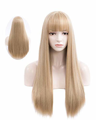 Picture of netgo Women's Long Straight Wigs With Bangs, 27 inch Heat Resistant Synthetic Cosplay Party Halloween Costume Wigs with Rose Net (Ash Blonde)