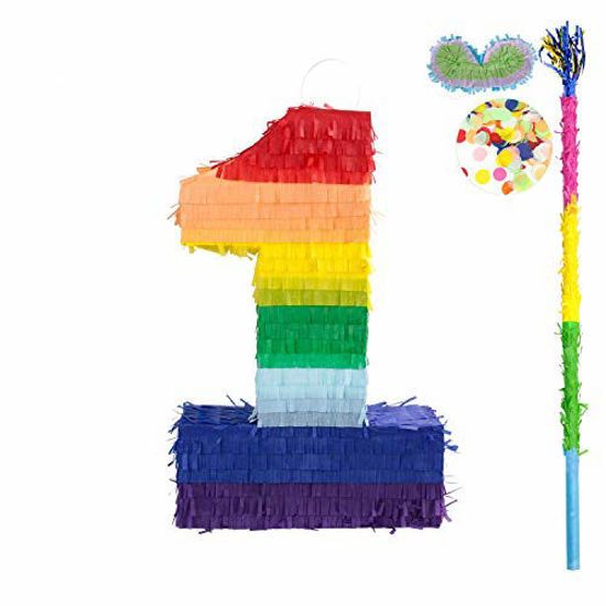 Picture of kaimei Number Pinata 1 Small Pinata for Birthday Anniversary Celebration Decoration Theme Party Cinco de Mayo Fiesta Supplies with Stick Multicolor Colorful Pinata One