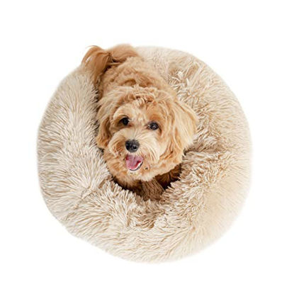 Picture of Small Dog Bed for Winter Cold Weather 23 inch Machine Washable Round Calming Dogs Cats Bed Beige with Fluffy Ultra Soft Plush Faux Fur Warming Comfortable Puppy Pet Beds