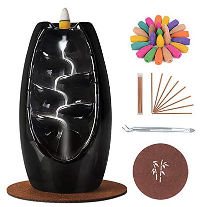 Picture of SPACEKEEPER Backflow Incense Holder Ceramic Waterfall Incense Burner, Aromatherapy Ornament Home Decor with 120 Backflow Incense Cones & 30 Incense Stick, Jet Black