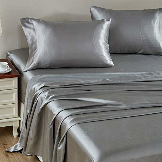 Picture of CozyLux Satin Sheets Full Size 4-Pieces Silky Sheets Microfiber Light Grey Bed Sheet Set with 1 Deep Pocket Fitted Sheet, 1 Flat Sheet and 2 Pillowcases, Smooth and Soft