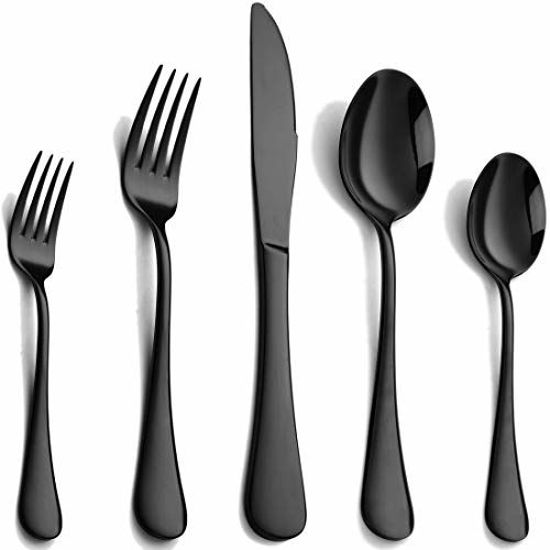 Picture of Black Silverware Set 20 Piece, Stainless Steel Flatware Set for 4, Cutlery Utensils Set Include Knives/Forks/Spoons Service for 4, Mirror Polished and Dishwasher Safe