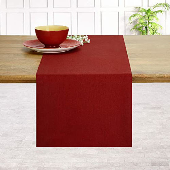 Picture of D'Moksha Homes 100% Pure Linen Hemmed 14 x 90 Inch Table Runner for Christmas - Divine Red, Premium Natural Fabric European Flax, Handcrafted Dresser Scarf, Mitered Corners, Great Gift Choice