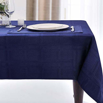 Picture of JUCFHY Soild Plaid Jacquard Table Cloth Elegance Wrinkle Resistant Contemporary Woven Decorative Table Cover, Spillproof Soil Resistant Holiday Tablecloths, 60 X 144, Navy Blue