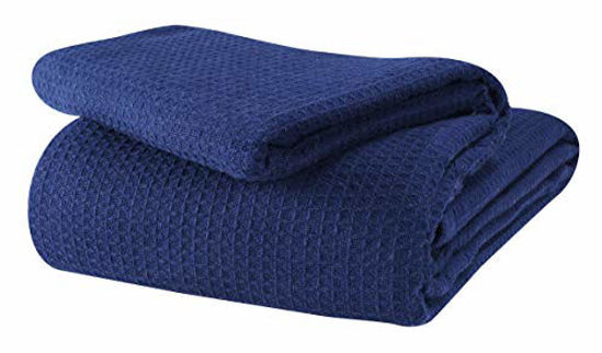 Picture of GLAMBURG 100% Cotton Thermal Blanket, Breathable Bed Blanket Queen Size, Soft Waffle Blanket, Queen Blanket, All Season Cotton Blanket, Navy Blue