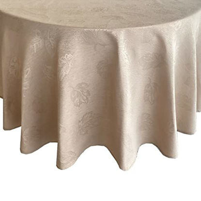 Picture of Newbridge Tremont Autumn Leaf Damask Fall, Thanksgiving Fabric Tablecloth, Swirling Leaves Damask Fall Season, Print, Soil Resistant, Easy Care Tablecloth, 70 Inch Round, Taupe