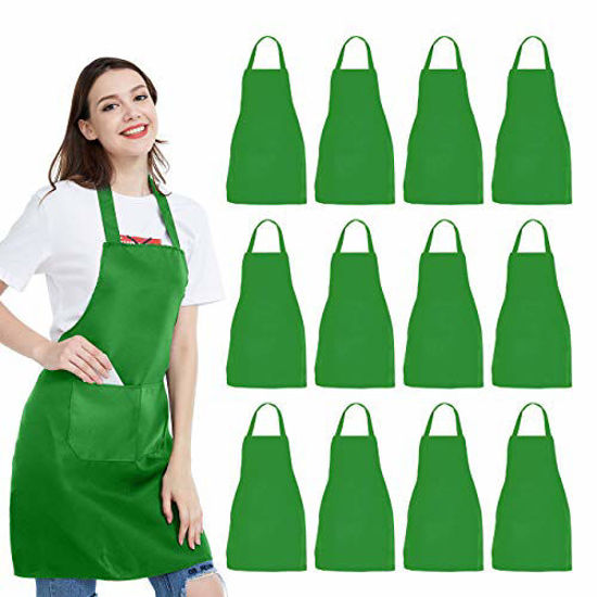 Picture of 12 Pack Bib Apron - Unisex Green Apron Bulk with 2 Roomy Pockets Machine Washable for Kitchen Crafting BBQ Drawing