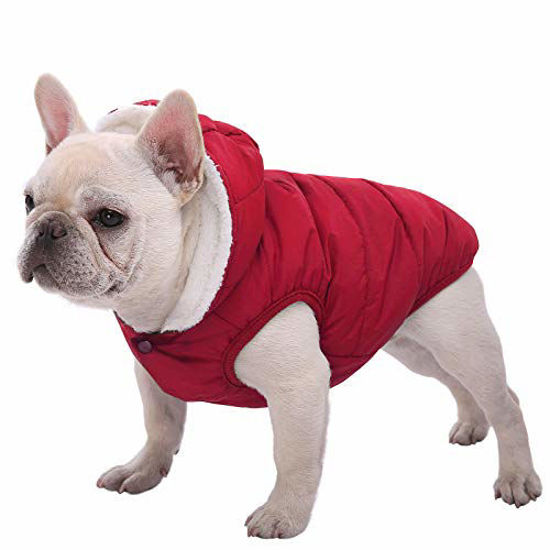 Picture of SAWMONG Dog Fleece Hoodie, Windproof Waterproof Dog Coat, Fleece & Cotton Lined Warm Dog Jacket, Cold Weather Pet Apparel Clothes Vest for Small Medium Large Dog Breeds (XL, Red)