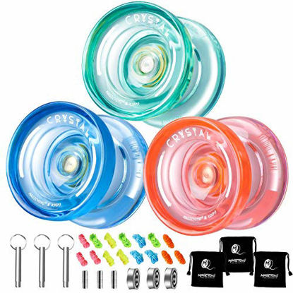 Picture of MAGICYOYO K2 Plus Crystal Yoyos for Kids, Dual Purpose Responsive Yo-yo for Beginner, Replacement Unresponsive Bearing for Intermediate, + 15 Strings, 3 Bags,3 Bearing Removers(Green + Blue + Orange)