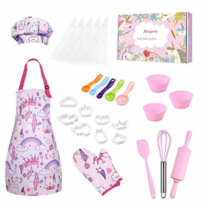 Picture of Anpro Complete Kids Cooking and Baking Set - 27 Pcs Includes Aprons for Girls, Chef Hat, Mitt & Utensil to Dress Up Chef Costume Career Role Play for 8-12 Years Girls