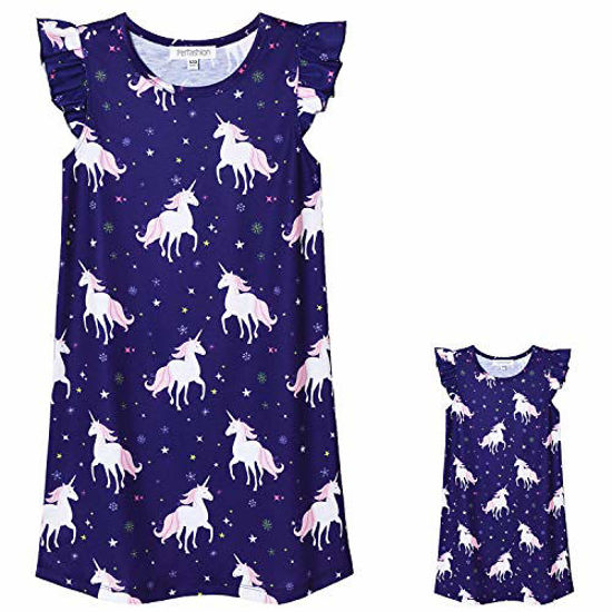 Picture of Matching Girls&Dolls Unicorn Nightgowns Summer Flutter Sleeve Sleepwear Pajamas