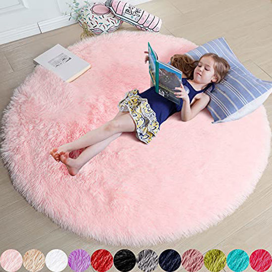 Picture of Pink Round Rug for Girls Bedroom,Fluffy Circle Rug 4'X4' for Kids Room,Furry Carpet for Teen Girls Room,Shaggy Circular Rug for Nursery Room,Fuzzy Plush Rug for Dorm,Cute Room Decor for Baby