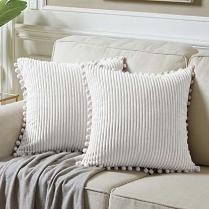 Picture of Fancy Homi Pack of 2 Boho White Decorative Throw Pillow Covers with Pom-poms 26x26 Inch, Soft Corduroy Solid Square Cushion Cases Set for Couch Sofa Bedroom Car Living Room 66x66 cm