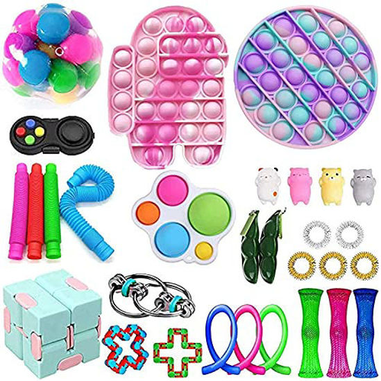 Picture of Lucakuins Cheap Sensory Fidget Pack with Pink Push Pop Bubble, Figet Toys Packs with Dimples-Digits Stress Reliever Anxiety Toys for Kids Adults with Autism (30pack Pink Astronaut & Purple Circle)