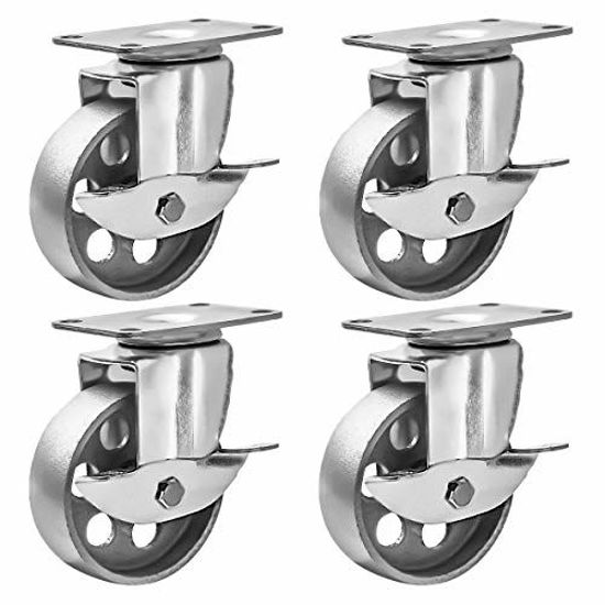 Picture of 4 All Steel Swivel Plate Caster Wheels w Brake Lock Heavy Duty High-Gauge Steel Gray (3" with Brake)