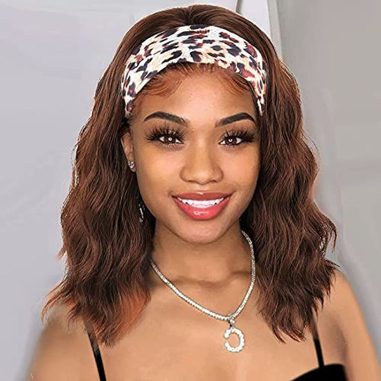 Picture of MORICA Headband Wig Short Wavy Wigs for Black Women Brown Bob Wig Glueless Synthetic Shoulder Length Wigs 16 Inch Headwrap Wigs with Headband Attached