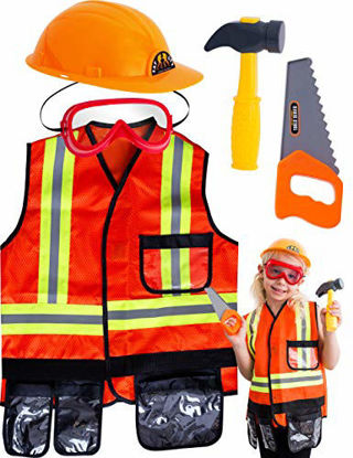 Picture of TeganPlay Construction Worker Costume for Boys Role Play Dress Up Kids Construction Vest with Hard Hat and Toy Tools for 3-8 years old