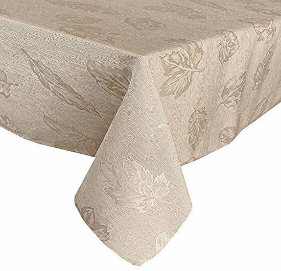 Picture of Newbridge Tremont Autumn Leaf Damask Thanksgiving Fabric Tablecloth, Swirling Leaves Damask Fall Season, Soil Resistant, Easy Care Solid Color Tablecloth, 60 Inch x 84 Inch Oblong/Rectangle, Taupe